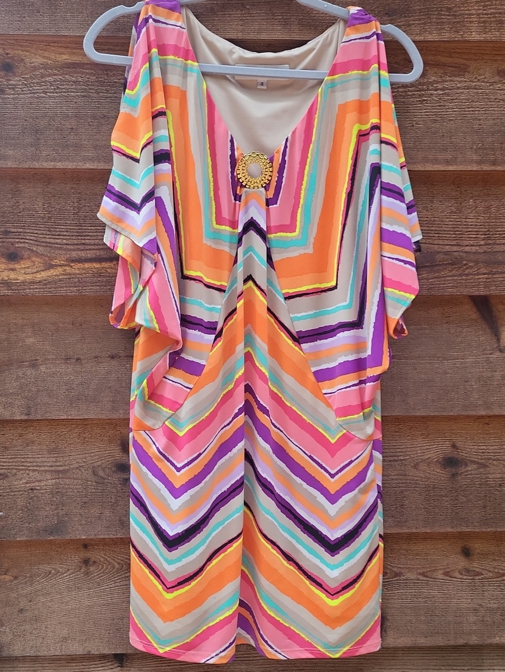 Trina Turk Multicolor Chevron Flutter Sleeve Dress (Orange, Pink, Purple) sz 4